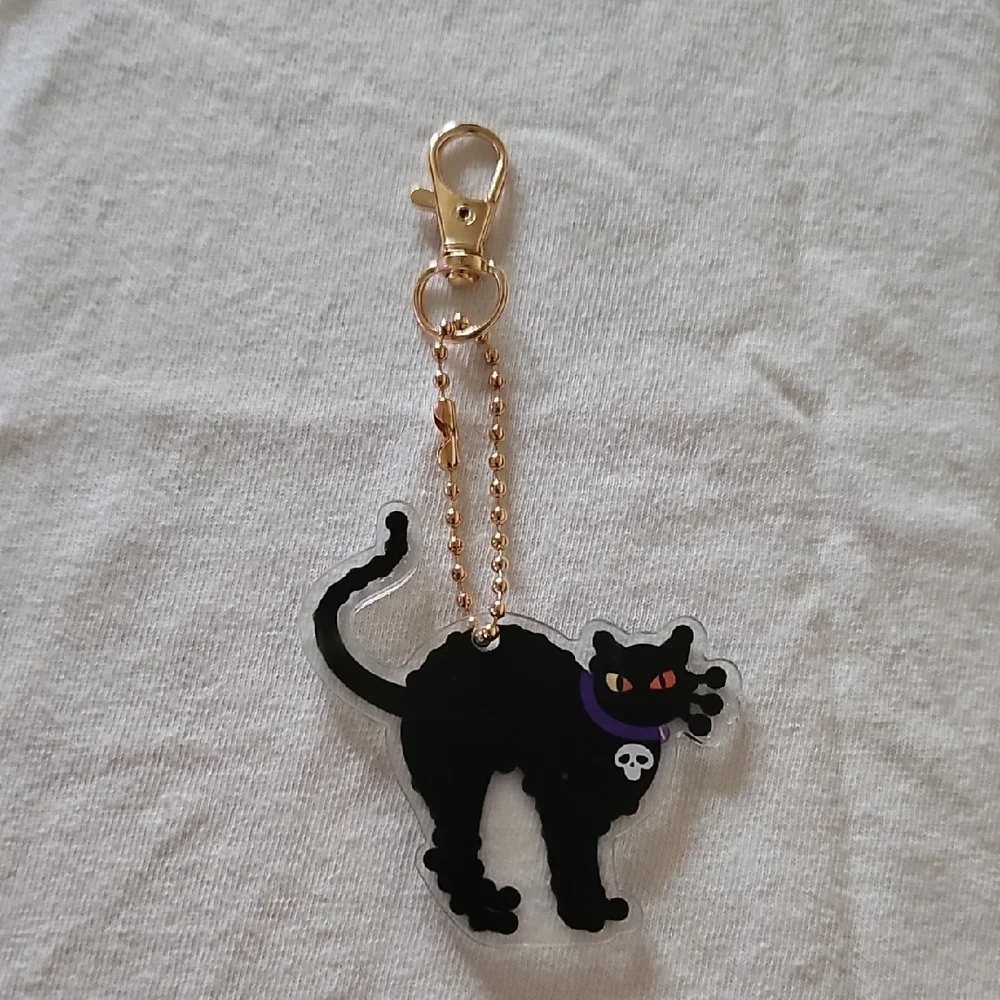 Rhinestone Black Cat Keychain with Gold Clip